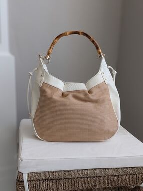 Ann Taylor LOFT Beige and White Woven Satchel with Bamboo Handle